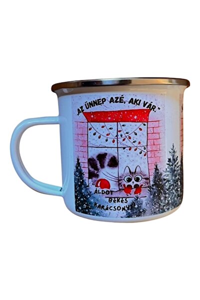 OEM White enameled steel mug, 360 ml volume, white, cat waiting for Christmas...