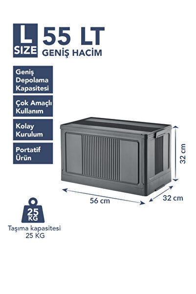 Lavine ”LARGE” Portatif Organizer Kasa 55 LT Kapaklı, Katlanır, İstiflenebilir Çok Amaçlı Depolama Kutusu