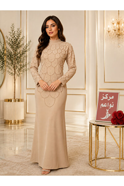 NAWAEIM Luxurious Beaded Embellished Beige Evening Gown - Modest Design with ...