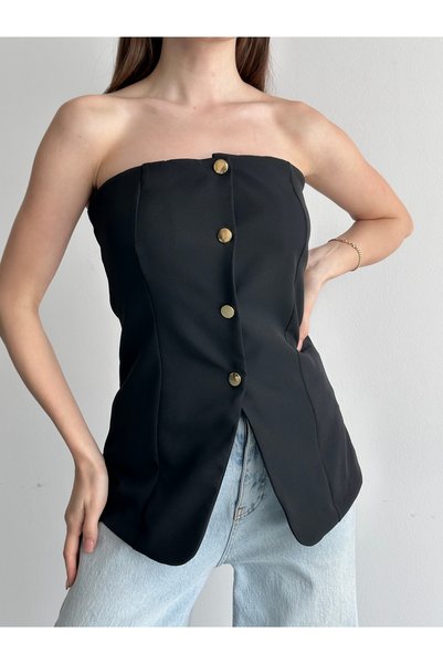 Liva Style Co Strapless Collar Buttoned Vest