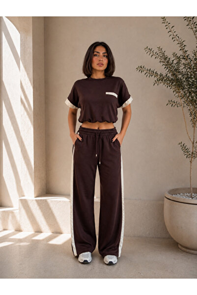 Bravis collection Kadın Kahverengi Şerit Detaylı Crop Tişört Bol Paça Pantolo...