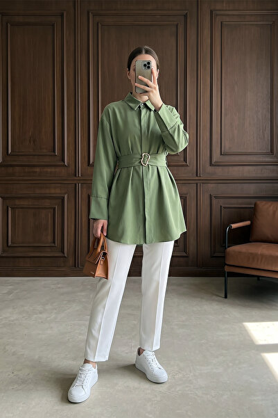 MODAQU Nisa Double Cuffed Belted Poplin Tunic - Khaki