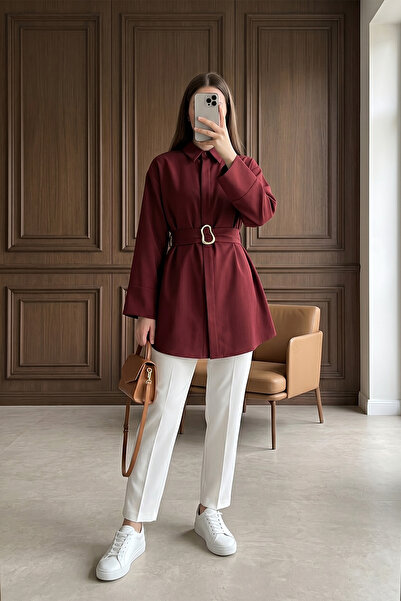 MODAQU Nisa Duble Manşetli Kemerli Poplin Tunik - Bordo
