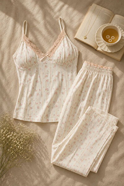 koza iç giyim Kadın Pamuklu Kaplı Askılı Dantelli Pijama Takımı