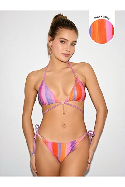 Kom Lain Desenli Simli Kumaş Üçgen Bikini