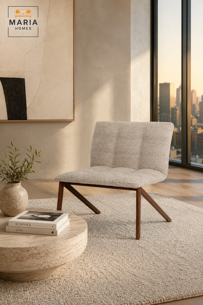 MARIA HOMES Modern Beige Fabric Lounge Chair with Wood Print Legs – Upholster...