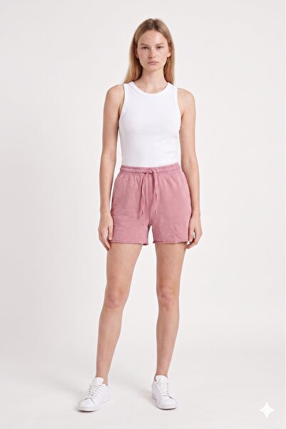 MOVİMENT Pink Acid Washed 100% Cotton Shorts with Drawstring Detail at the Waist