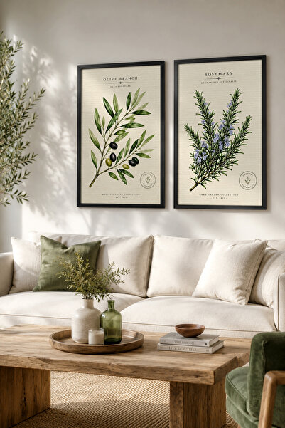 ARTI HOME Botanik Temalı Dekoratif Ahşap Tablo Seti 2'li – Zeytin Dalı ve Bib...