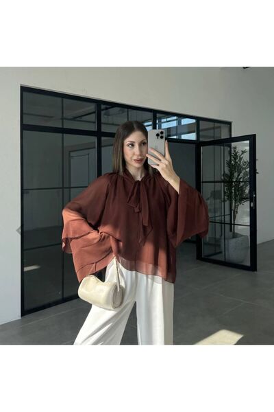 MAESTRO WOMAN Women's Brown Flounce Sleeves Halter Neck Chiffon Blouse