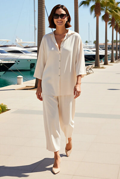 BENERLY Women's Beach Shirt Pants Set Three Quarter Sleeve Lapel Collar Butto...