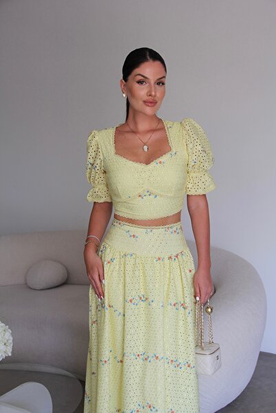 Julidress Set brodat galben premium cu bluză scurtă cu dantelă cu imprimeu fl...