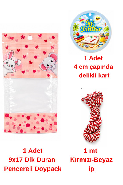 Dekals Set İyi Tatiller Bir Adet Pembe Doypack Hediye Paketi Seti (Kart+İp+Do...
