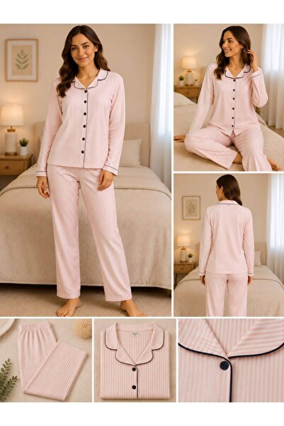 Kadın %100 Pamuklu Pembe Beyaz Çizgili Önden Düğmeli Pijama Takımı