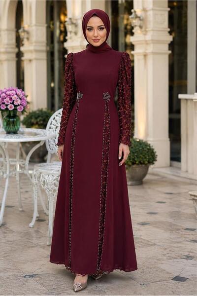 TRENDTESETTÜR KADIN BORDO PUL PAYETLİ ABİYE ELBİSE T 6463
