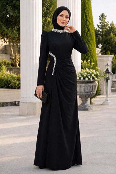 TRENDTESETTÜR KADIN SİYAH DRAPE DETAYLI ABİYE ELBİSE T 5563