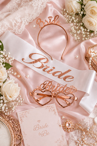 Happyland Bride To Be Rose (Gül) Renk Mika Taç Gözlük Beyaz Kuşak Aksesuar Seti, Gelin Partisi ve Bekarlığa Veda Partisi Aksesuarları