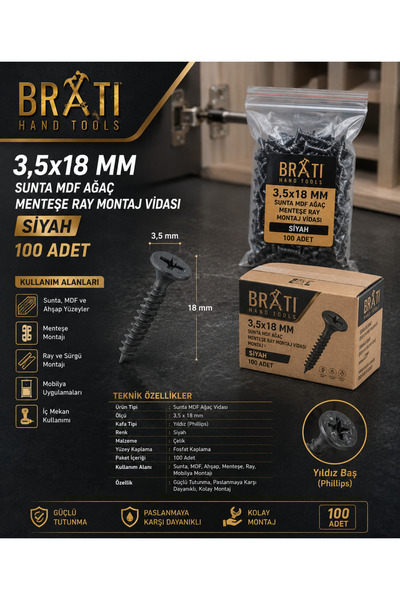 BRATİ HAND TOOLS 100 Adet 3,5x18 Sunta Ağaç Menteşe Ray Montaj Vidası Siyah (...