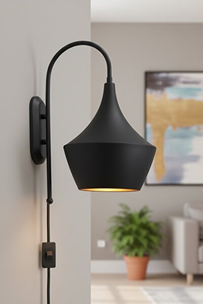 Bamyum Curved Black Plug-In Sconce Decorative Wall Lamp for Cafe Patisserie R...
