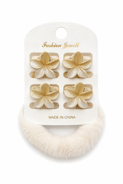 Jack Ferrero Luxury Kadın 5'li Akrilik Çiçek Mandal ve Peluş Lastik Toka Seti