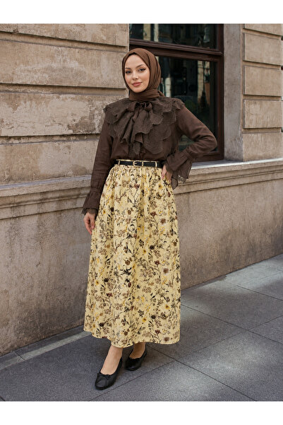 Generic Brand Belt Detail Floral Pattern Skirt-Yellow