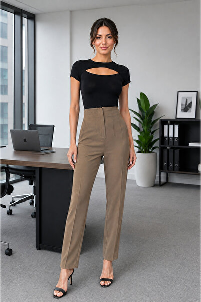 FERHEL Pantaloni de damă din material textil model Pensli - Caramel