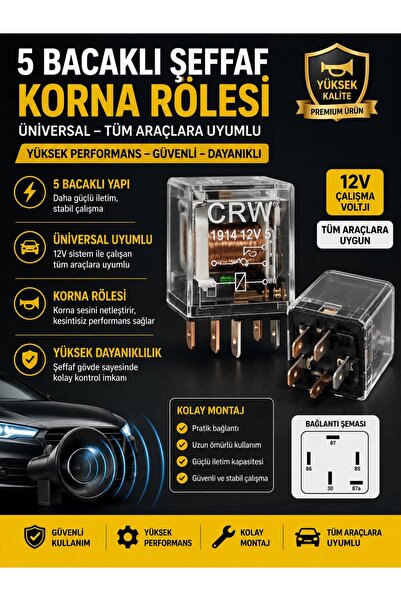 KUZEY AKSESUAR Oto Araç Röle 5 Bacaklı Şeffaf Korna Rölesi Üniversal