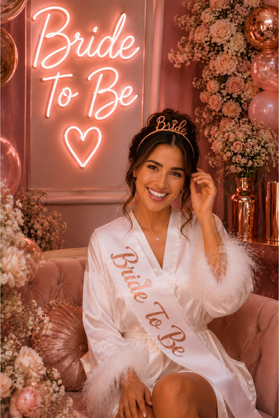 Happyland Bride to Be Rose Color Mica Crown White Sash Accessory Set, Bridal ...