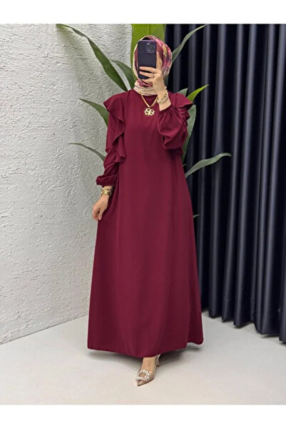 BETES Kadın Tesettür Bordo Krep Kumaş Canan Model Elbise