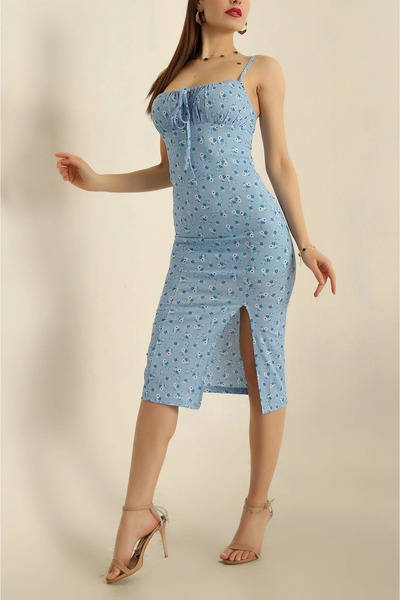 NEW JOURNAL Women's Blue Strappy Slit Detailed Lined Midi Dress Yel0126