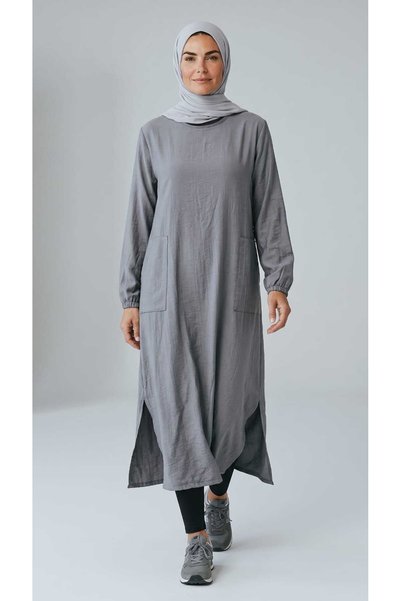 ECE GİYİM Women's Circular Neck Tunic with Elastic Sleeves and Pockets, Oval Slits