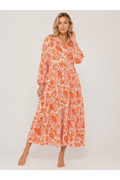 Sibel Günay Butik Women's Orange Ecru Patterned Bohemian Cotton Viscose Dress...