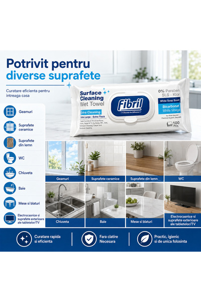 Fibril Servetele Umede pentru Curatarea Suprafetelor, Parfum Sapun Alb, cu Bicarbonat si Otet Alb, 100 Bucati, Extra Curatare