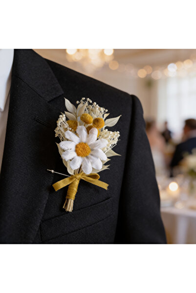 jujü Doğal Kuru Çiçekli Damat Yaka Çiçeği, Papatya Tasarımlı Doğal Kuru Çiçek...