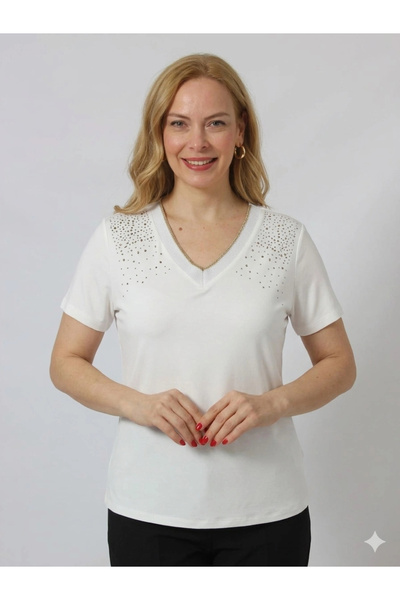 Moda Berray OMUZU TAŞ BASKILI YAKASI SİMLİ V YAKA VİSKON EKRU ŞIK BLUZ