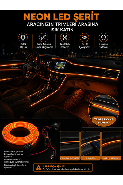 cabbaroğlu ticaret Araç Içi Torpido Ledi Şerit Led Ip Led Neon Orange 2 Metre