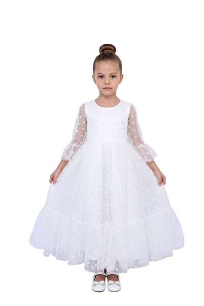 Bidani - Elegant Tiered Mesh Gown - White - 4Y to 13Y