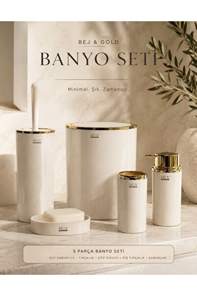 Store HGY Home Gold Detaylı Bej Rengi Yuvarlak 5'li Banyo Seti