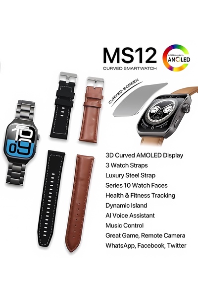 JSYES Ms12 Smart Watch 3D Curved Amoled Screen Stainless Steel Case Three Str...