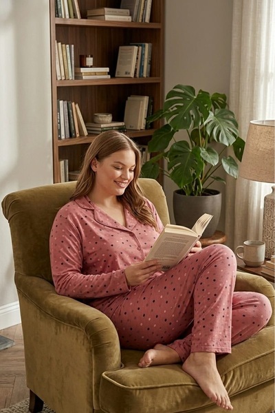 ONZ MODALOVE KADIN BÜYÜK BEDEN VISKON PIJAMA TAKIMI UZUN KOLLU DESENLI RAHAT ...