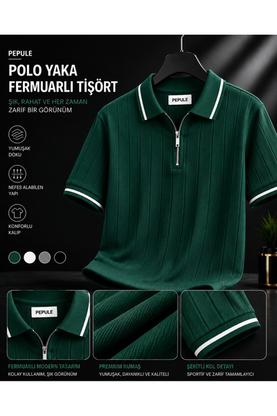 oneoff Polo Yaka Triko Dokulu yarım fermuarlı Regular Pamuklu T-shirt