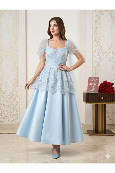 NAWAEIM Brown Taffeta Engagement and Evening Dress with Tulle Cape and Luxuri...