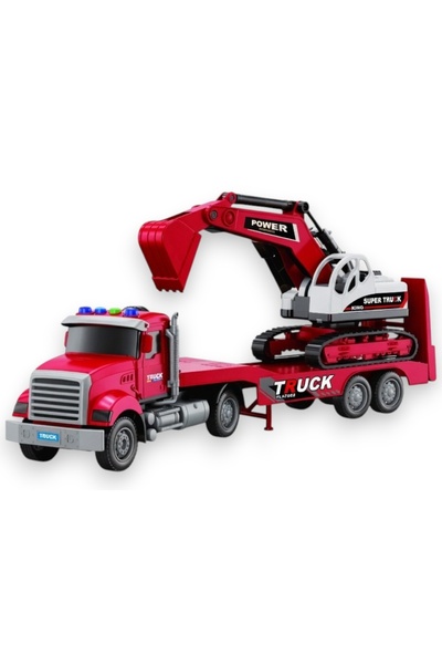 Avaleea Camion american cu frictiune si excavator inclus, jucarie copii cu lu...