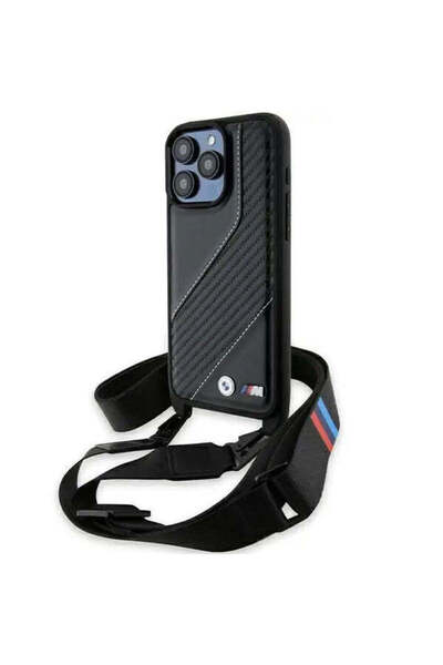 BMW Husă Ediția M cu dungi de carbon și curea pentru iPhone 15 Pro Max, negru
