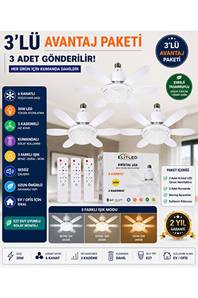 DoruCO 3'lü Paket Kristal LED Işıklı Tavan Vantilatörü 6 Kanatlı Kumandalı 30...