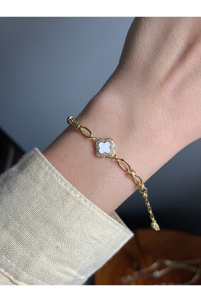 yeknova Xuping 14K Gold Renginde Beyaz Mineli Şık Yonca Model Kararmaz Kadın ...