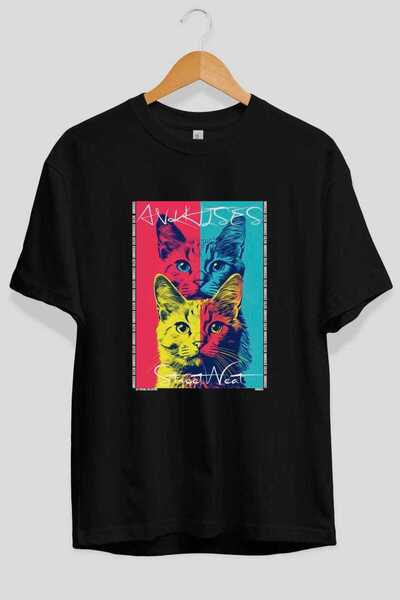 Ankhises Μπλουζάκι  "For the Love of Cats " με 47 σχέδια γάτας, μαύρο, oversi...