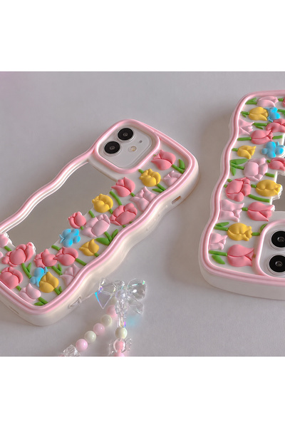 EDELFU iPhone 11 uyumlu - Aynalı ve Lale Desenli Yumuşacık Hamur, Boncuk Bile...