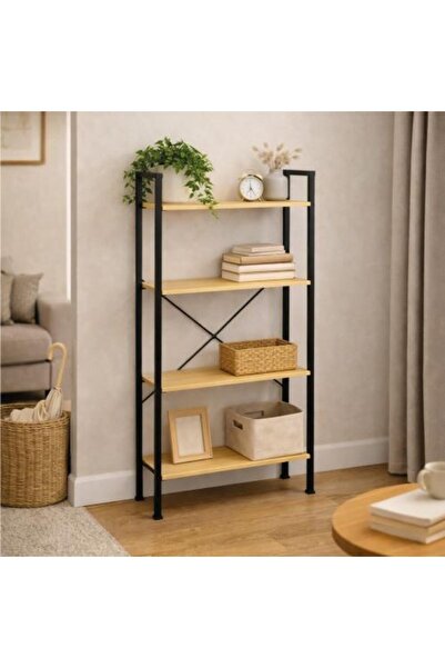 Generic Metal storage shelf with three wooden shelves in an industrial design