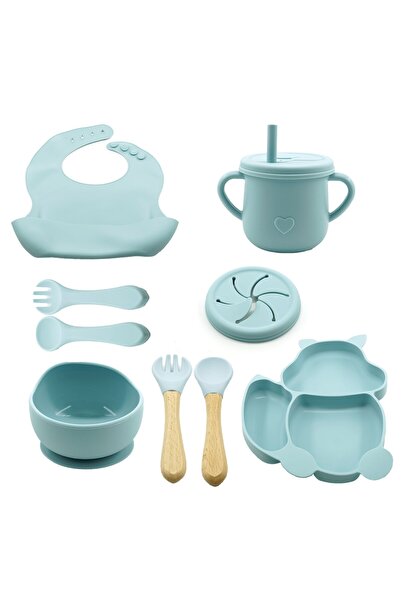 Rao Set hranire bebelusi 10 piese, silicon, ventuza, fara BPA, Baby Blue