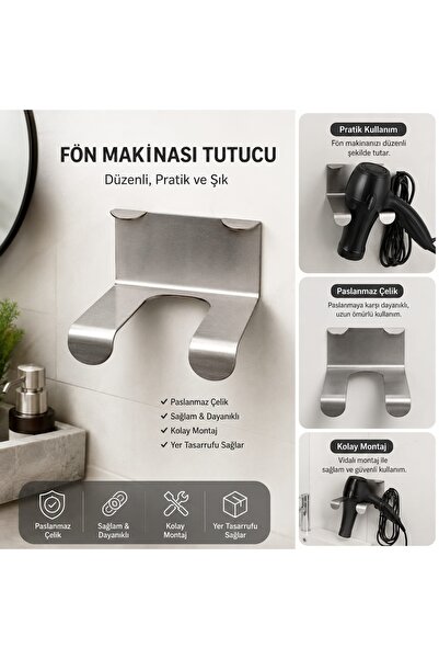 Orianna Design Paslanmaz Çelik Fön Makinesi Askısı, Saç Kurutma Tutacağı-Yapı...